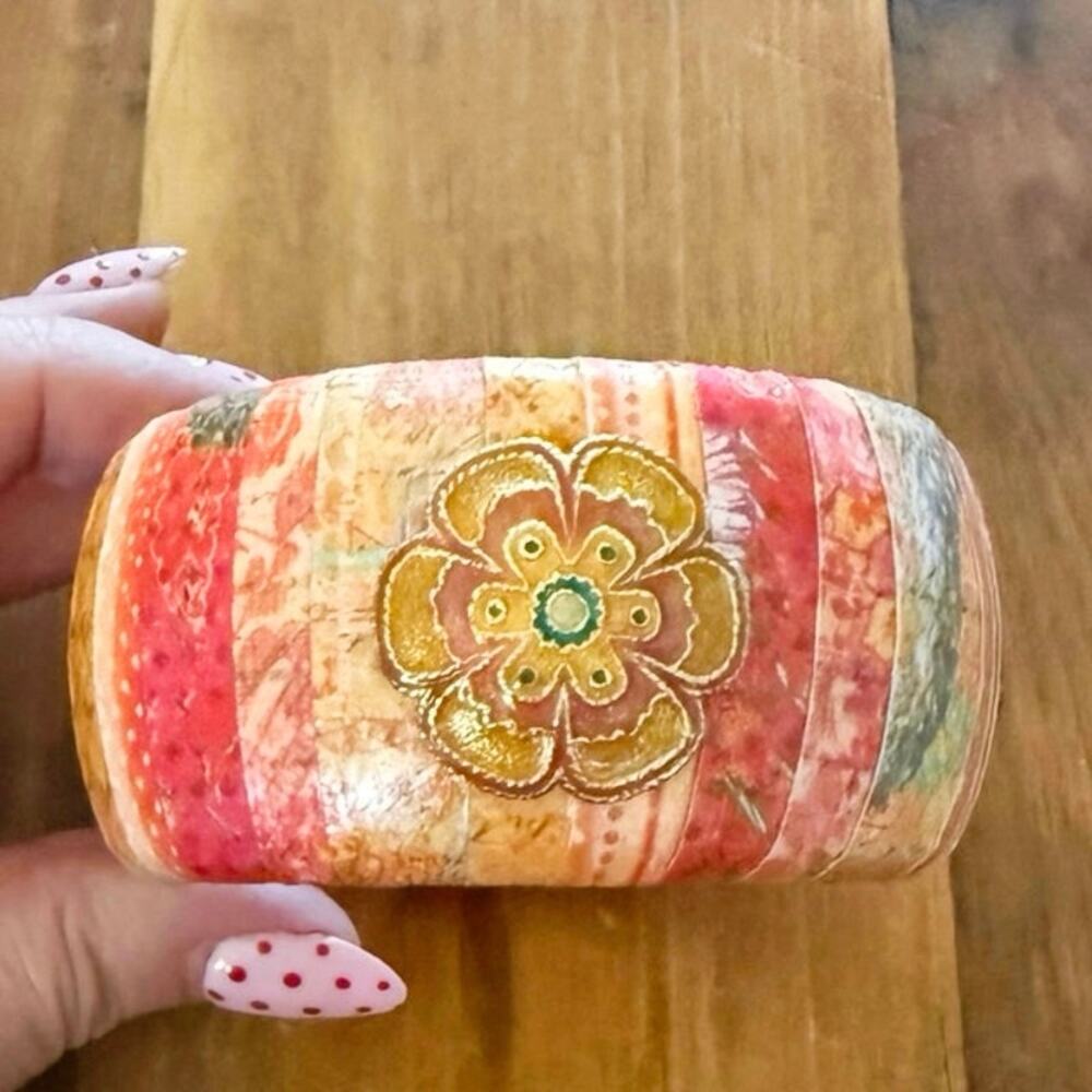 Vintage Decoupage‑Style Bangle • Multicolor Stripes & Floral Medallion
